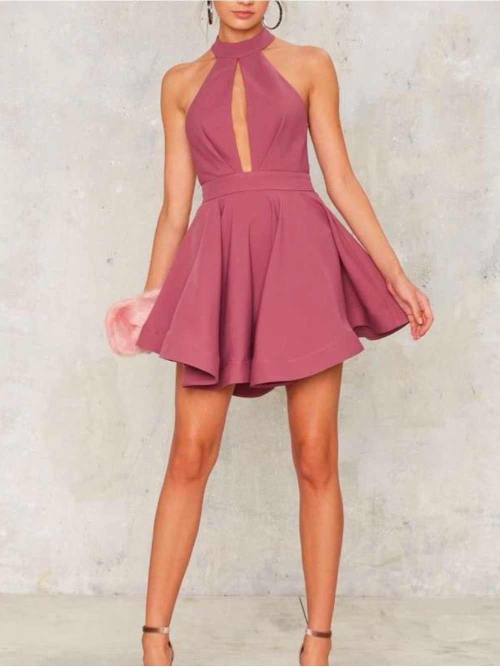 C/Meo Collective Halter Keyhole Fit-and-Flare Mini Dress in Mauve Size Small
